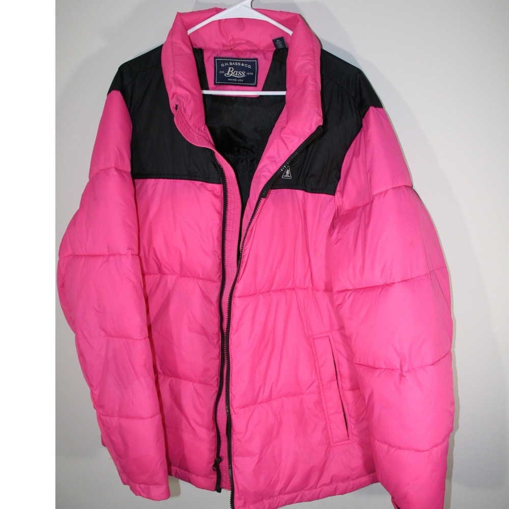GH Bass & Co Womens Puffer Jacket Neon Pink Black Colorblock Full Zip XL